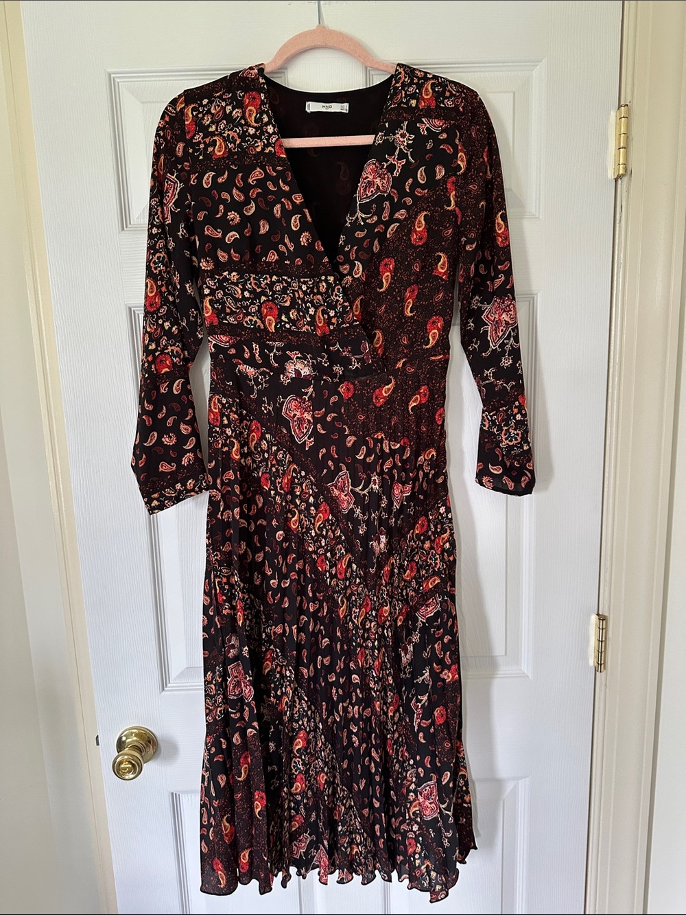 Mango Black Paisley Wrap Midi Dress with Red Accents